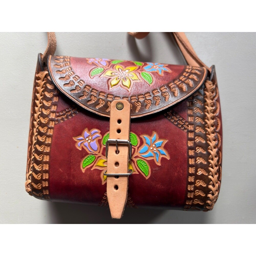 VTG Leather Mexican Hand Tooled Floral Mini Crossbody Bag Boho Folk Art Purse